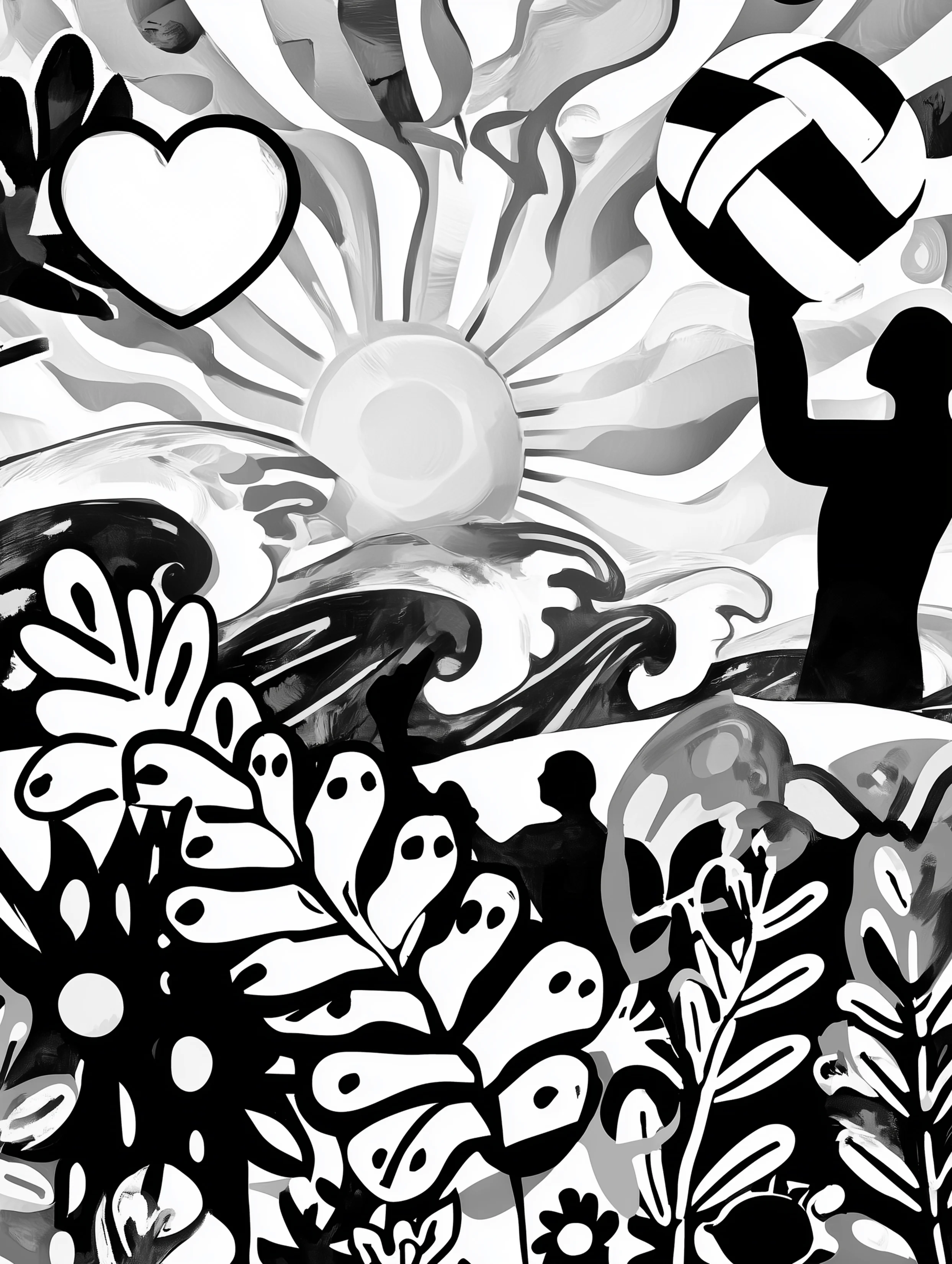 Free printable volleyball coloring page for adults featuring shadows of a volleyball